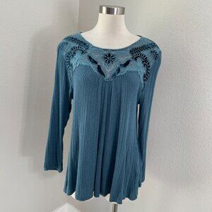 Lucky Brand Womens Plus 1X Blue‎ Ribbed Knit Top Boho Lace Velvet Details Shirt